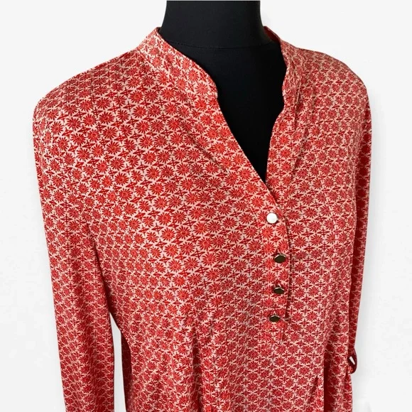 Westport Mandarin Collar V-neck with butt accent reddish Orange flowy blouse L - Picture 2 of 10